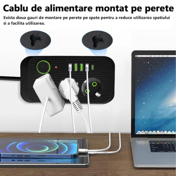 Prelungitor 2 m VarioShop®, 3 prize, 4 porturi USB si 1 port USB-C, solutia inteligenta pentru incarcare multipla, cu protectie completa si design compact, Negru [12]