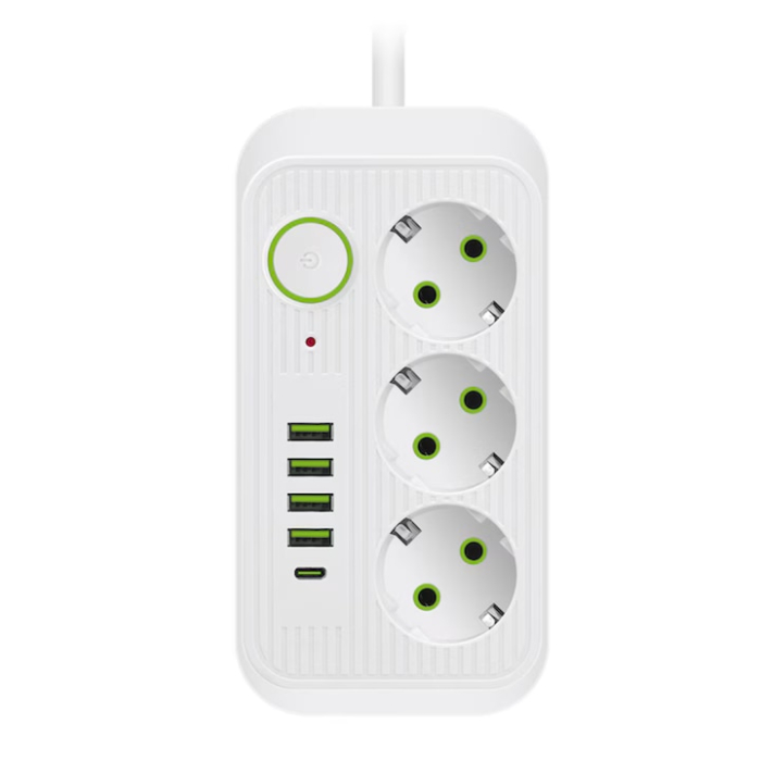 Prelungitor 2 m VarioShop®, 3 prize, 4 porturi USB si 1 port USB-C, solutia inteligenta pentru incarcare multipla, cu protectie completa si design compact, Alb [1]