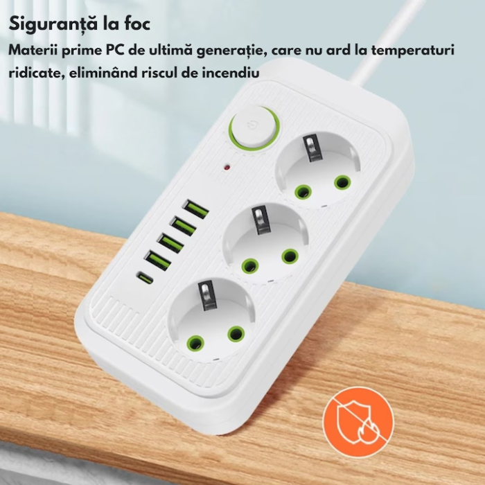 Prelungitor 2 m VarioShop®, 3 prize, 4 porturi USB si 1 port USB-C, solutia inteligenta pentru incarcare multipla, cu protectie completa si design compact, Alb [5]