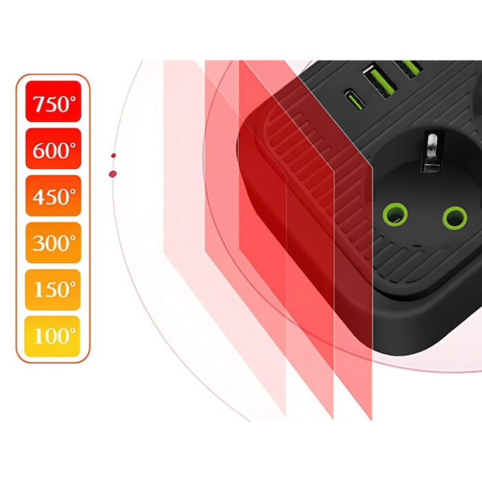 Prelungitor 2 m VarioShop®, 3 prize, 4 porturi USB si 1 port USB-C, solutia inteligenta pentru incarcare multipla, cu protectie completa si design compact, Negru [8]