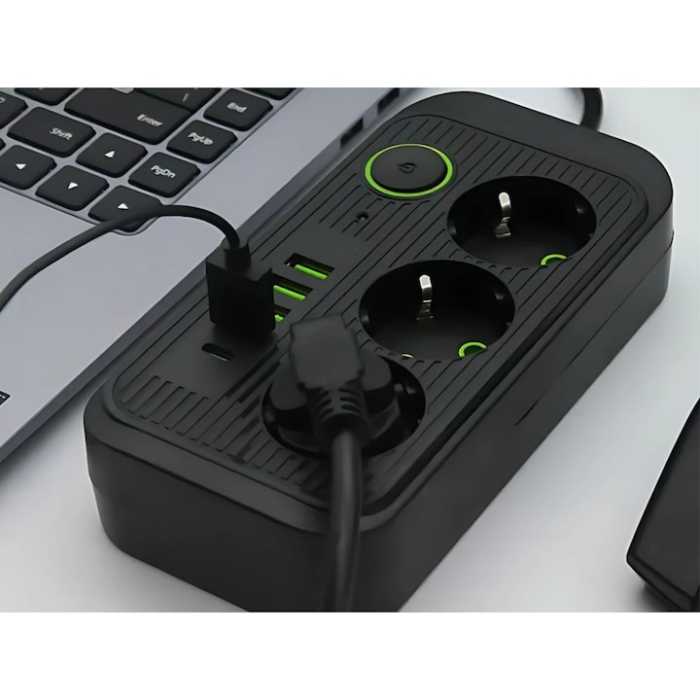 Prelungitor 2 m VarioShop®, 3 prize, 4 porturi USB si 1 port USB-C, solutia inteligenta pentru incarcare multipla, cu protectie completa si design compact, Negru [9]