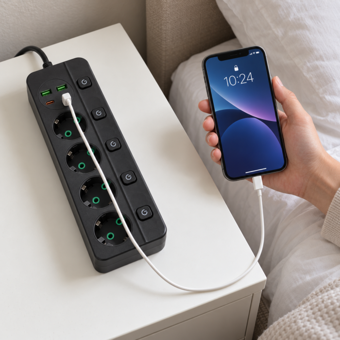 Prelungitor 4 prize VarioShop®, cu intrerupatoare individuale, 2 USB-A si 2 USB-C, cablu 3 m, 2500 W, negru [5]