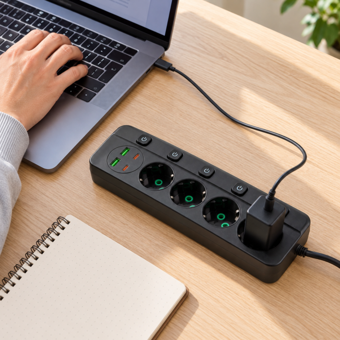 Prelungitor 4 prize VarioShop®, cu intrerupatoare individuale, 2 USB-A si 2 USB-C, cablu 3 m, 2500 W, negru [3]