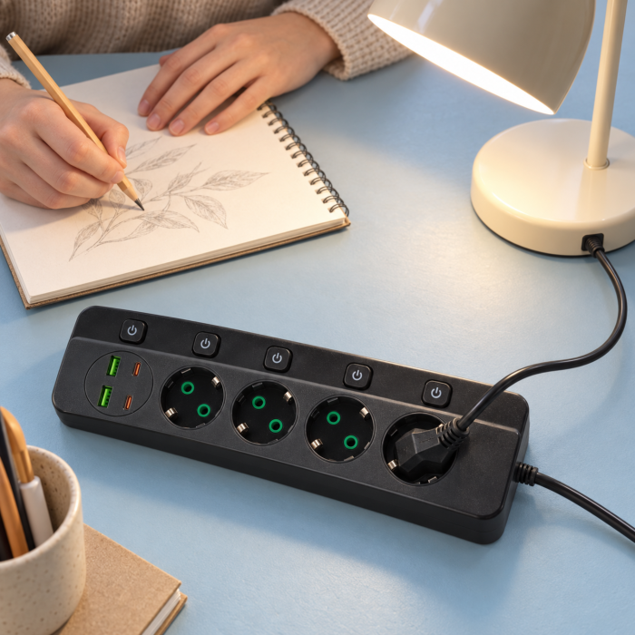 Prelungitor 4 prize VarioShop®, cu intrerupatoare individuale, 2 USB-A si 2 USB-C, cablu 3 m, 2500 W, negru [6]