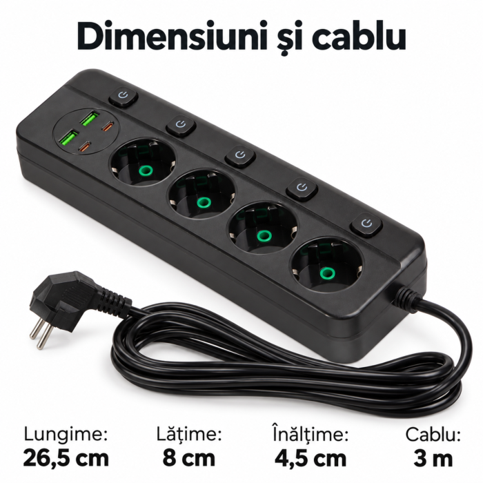 Prelungitor 4 prize VarioShop®, cu intrerupatoare individuale, 2 USB-A si 2 USB-C, cablu 3 m, 2500 W, negru [4]