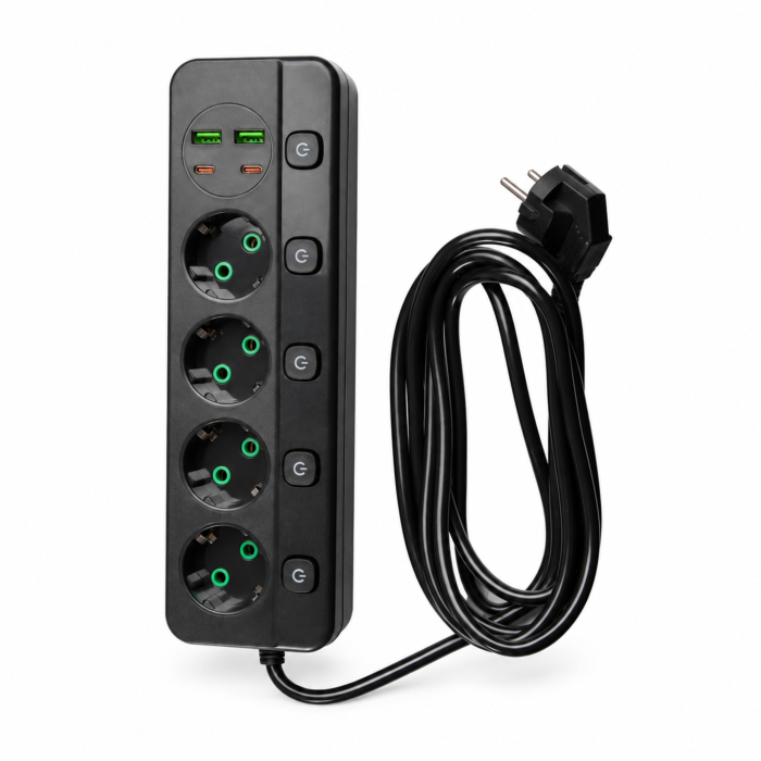 Prelungitor 4 prize VarioShop®, cu intrerupatoare individuale, 2 USB-A si 2 USB-C, cablu 3 m, 2500 W, negru [9]