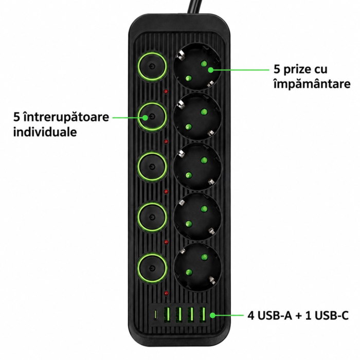 Prelungitor 5 m VarioShop®, 5 prize cu intrerupatoare individuale, 4 porturi USB-A si 1 USB-C, solutie inteligenta pentru incarcare multipla, design compact, negru [6]