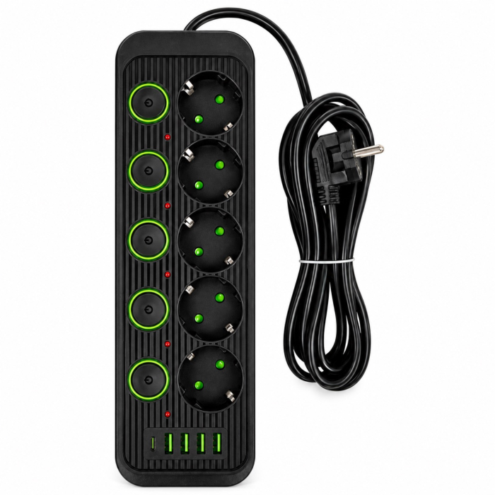 Prelungitor 5 m VarioShop®, 5 prize cu intrerupatoare individuale, 4 porturi USB-A si 1 USB-C, solutie inteligenta pentru incarcare multipla, design compact, negru [9]