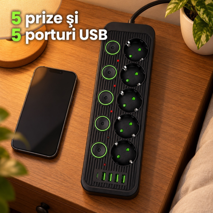 Prelungitor 5 m VarioShop®, 5 prize cu intrerupatoare individuale, 4 porturi USB-A si 1 USB-C, solutie inteligenta pentru incarcare multipla, design compact, negru [8]