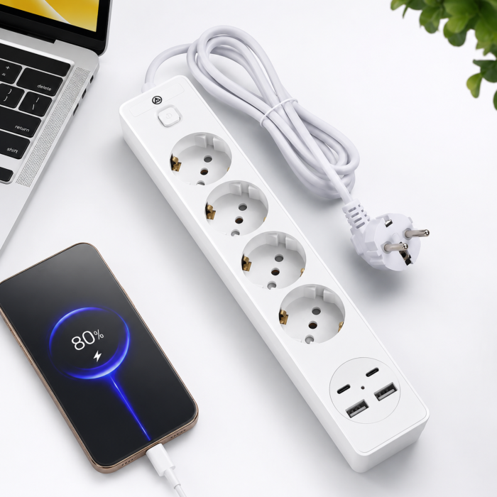 Prelungitor multifunctional VarioShop®, pentru casa si birou, cu 4 prize europene, 2 USB-A, 2 USB-C si protectie la supratensiune, 2500W [2]