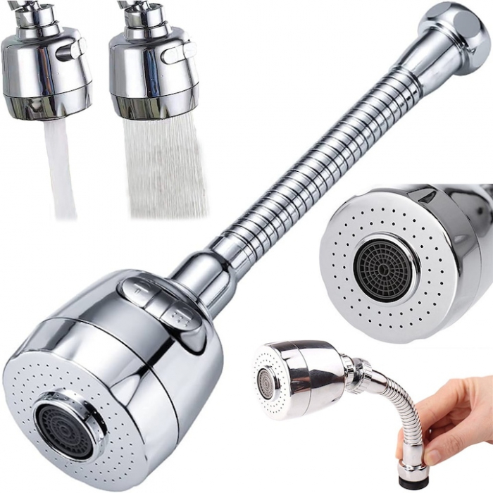 Prelungitor Pentru Robinet VarioShop®, Pentru Baie Si Bucatarie, Universal, Flexibil, Cap Cu Sita Ajustabil La 2 Tipuri De Jet, Material Metalic Rezistent, Dimensiune 17 cm, Argintiu [2]