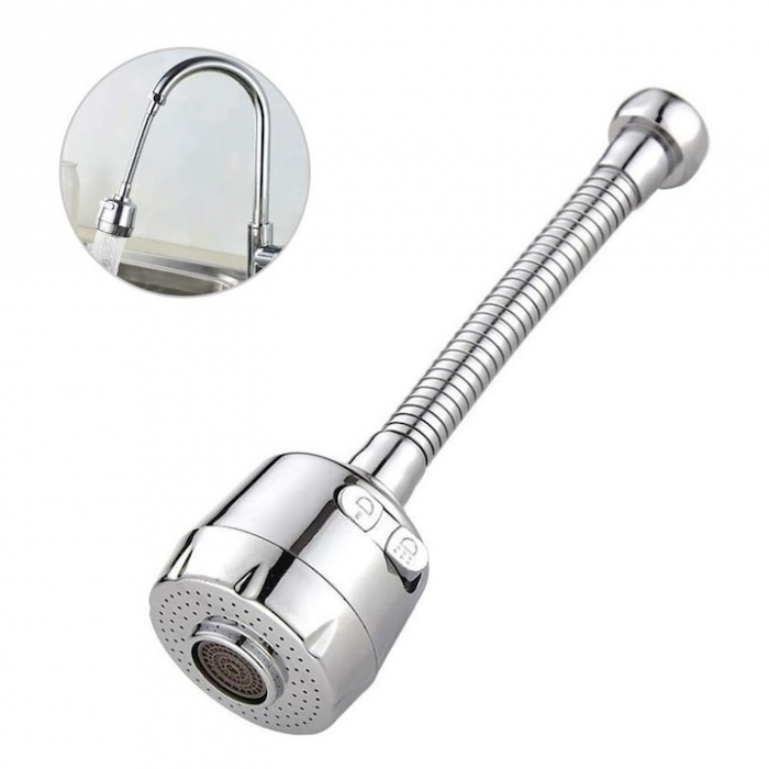 Prelungitor Pentru Robinet VarioShop®, Pentru Baie Si Bucatarie, Universal, Flexibil, Cap Cu Sita Ajustabil La 2 Tipuri De Jet, Material Metalic Rezistent, Dimensiune 17 cm, Argintiu [18]