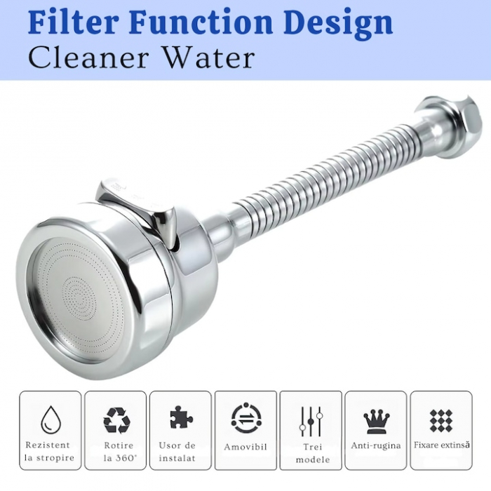 Prelungitor Pentru Robinet VarioShop®, Pentru Baie Si Bucatarie, Universal, Flexibil, Cap Cu Sita Ajustabil La 2 Tipuri De Jet, Material Metalic Rezistent, Dimensiune 17 cm, Argintiu [8]
