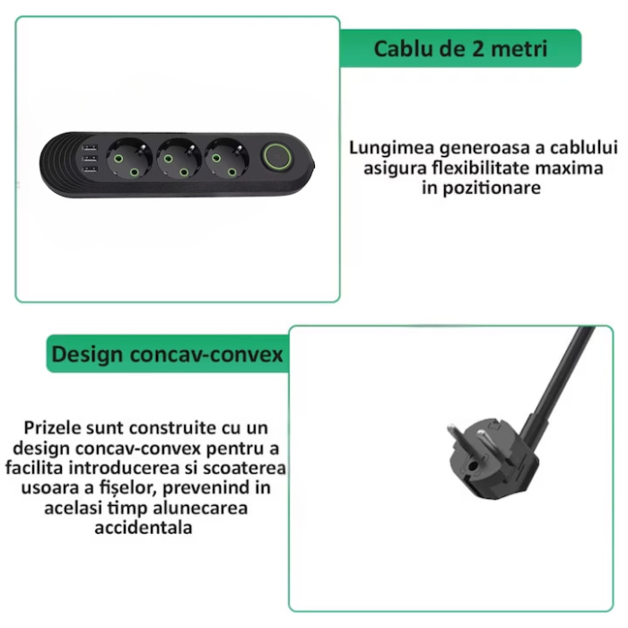 Prelungitor Universal VarioShop®, 3 Prize cu Impamantare, 3 Porturi USB, Putere 2500W, Cablu Izolat 3m, Intrerupator, Protectie Supratensiune, Negru [7]