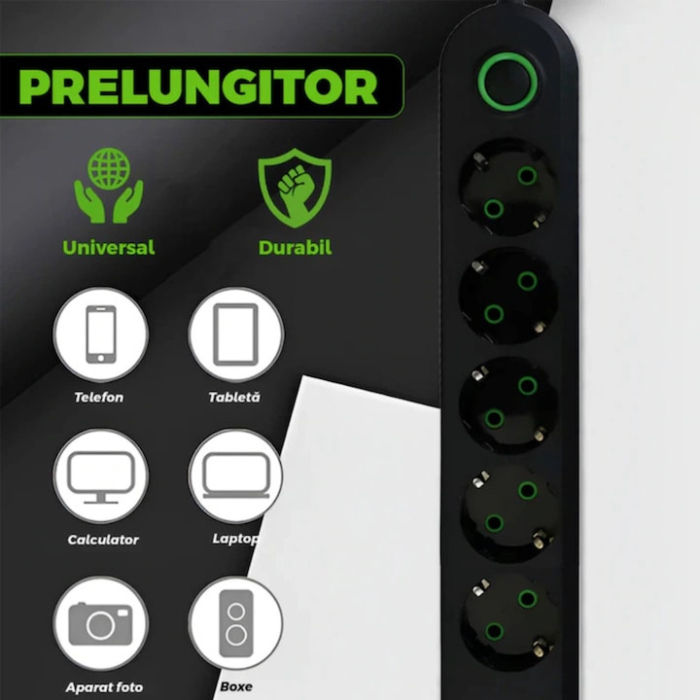 Prelungitor Universal VarioShop®, 3 Prize cu Impamantare, 3 Porturi USB, Putere 2500W, Cablu Izolat 3m, Intrerupator, Protectie Supratensiune, Negru [4]