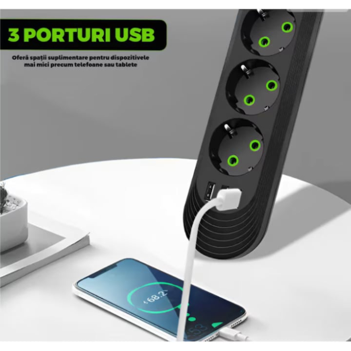 Prelungitor Universal VarioShop®, 3 Prize cu Impamantare, 3 Porturi USB, Putere 2500W, Cablu Izolat 3m, Intrerupator, Protectie Supratensiune, Negru [3]