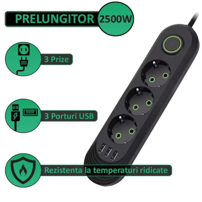 Prelungitor Universal VarioShop®, 3 Prize cu Impamantare, 3 Porturi USB, Putere 2500W, Cablu Izolat 3m, Intrerupator, Protectie Supratensiune, Negru [2]