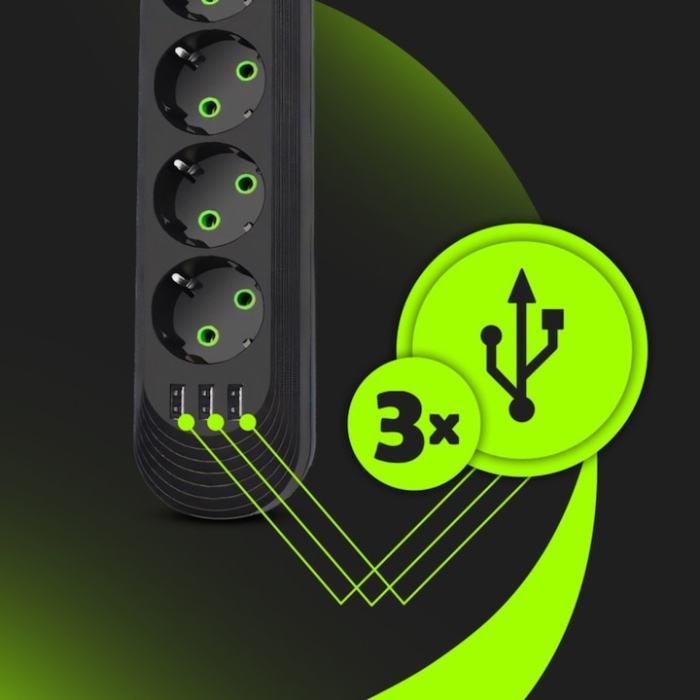 Prelungitor Universal VarioShop®, 3 Prize cu Impamantare, 3 Porturi USB, Putere 2500W, Cablu Izolat 3m, Intrerupator, Protectie Supratensiune, Negru [5]