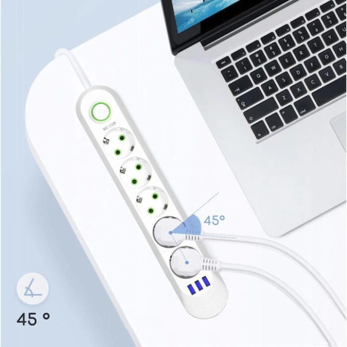 Prelungitor Universal VarioShop®, 5 Prize cu Impamantare, 3 Porturi USB, Putere 2500W, Cablu Izolat 3m, Intrerupator, Protectie Supratensiune, Alb [4]