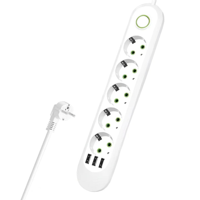 Prelungitor Universal VarioShop®, 5 Prize cu Impamantare, 3 Porturi USB, Putere 2500W, Cablu Izolat 3m, Intrerupator, Protectie Supratensiune, Alb [2]