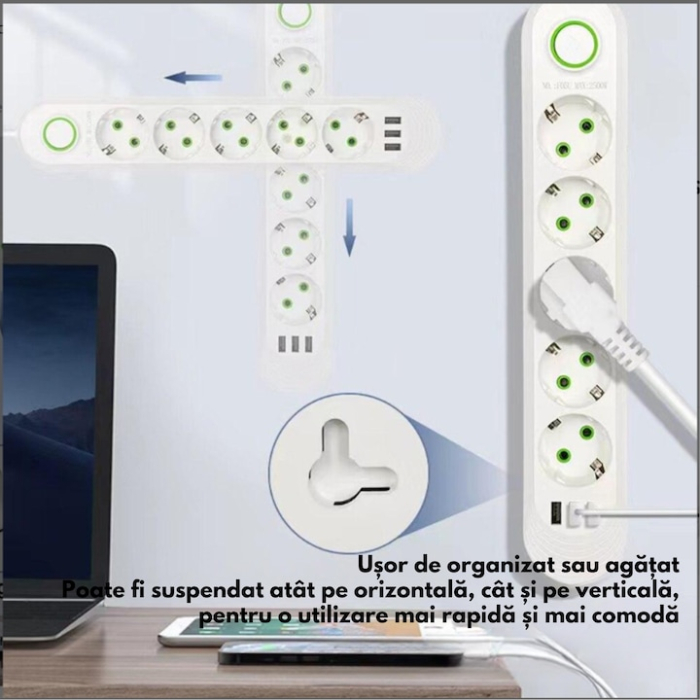 Prelungitor Universal VarioShop®, 5 Prize cu Impamantare, 3 Porturi USB, Putere 2500W, Cablu Izolat 3m, Intrerupator, Protectie Supratensiune, Alb [6]