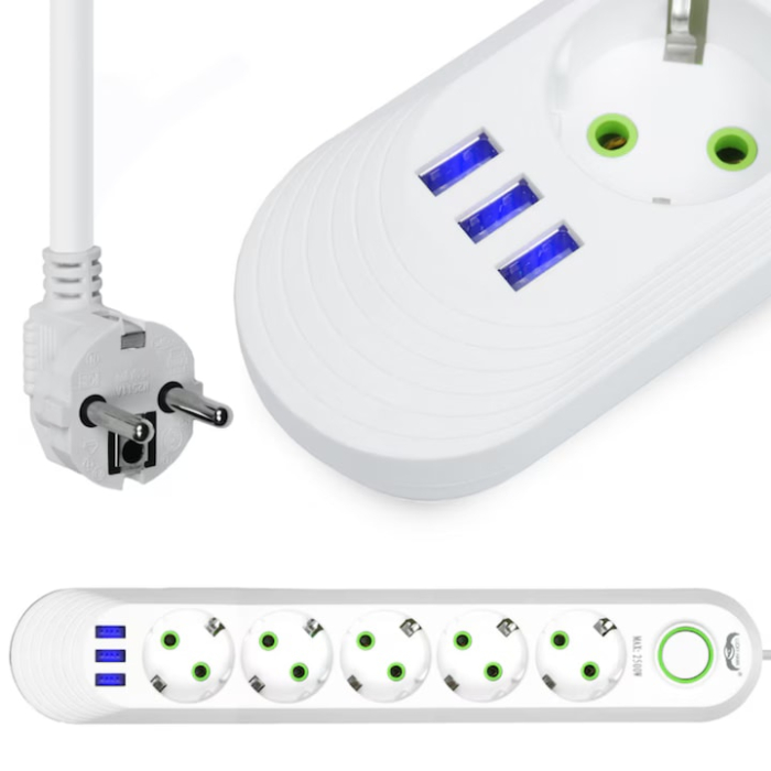 Prelungitor Universal VarioShop®, 5 Prize cu Impamantare, 3 Porturi USB, Putere 2500W, Cablu Izolat 3m, Intrerupator, Protectie Supratensiune, Alb [8]