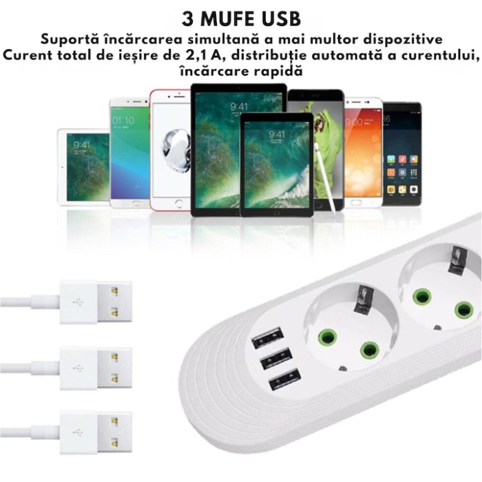 Prelungitor Universal VarioShop®, 5 Prize cu Impamantare, 3 Porturi USB, Putere 2500W, Cablu Izolat 3m, Intrerupator, Protectie Supratensiune, Alb [3]