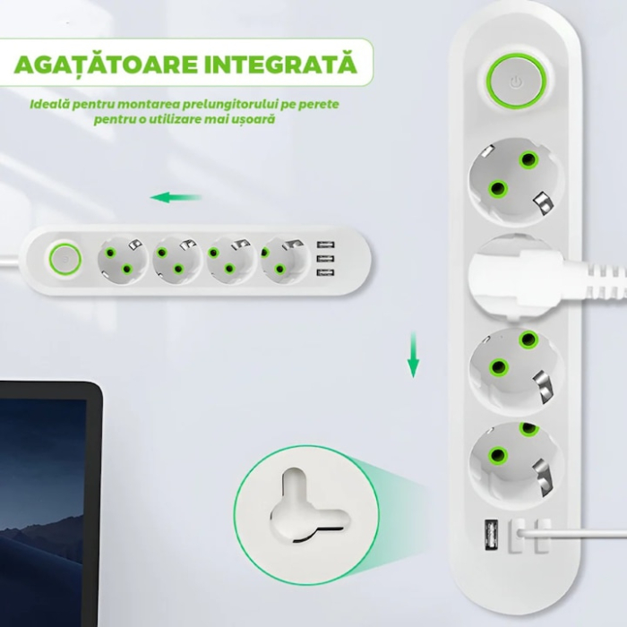 Prelungitor Universal VarioShop®, 5 Prize cu Impamantare, 3 Porturi USB, Putere 2500W, Cablu Izolat 3m, Intrerupator, Protectie Supratensiune, Alb [7]