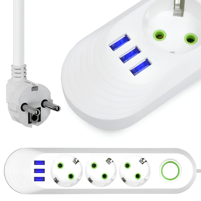 Prelungitor VarioShop®, 3 prize, 3 porturi USB, putere 2500W, cablu izolat 3m, intrerupator, protectie supratensiune, alb [7]