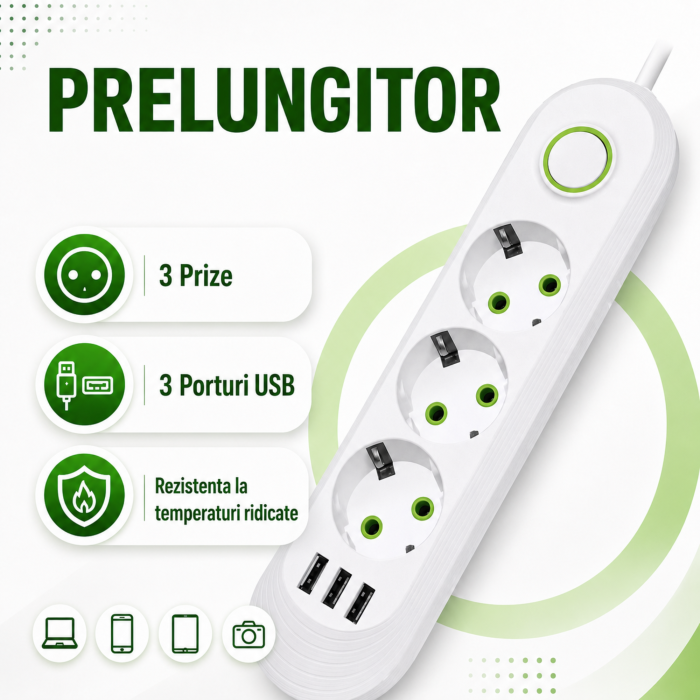 Prelungitor VarioShop®, 3 prize, 3 porturi USB, putere 2500W, cablu izolat 3m, intrerupator, protectie supratensiune, alb [2]
