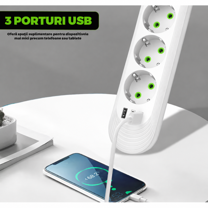 Prelungitor VarioShop®, 3 prize, 3 porturi USB, putere 2500W, cablu izolat 3m, intrerupator, protectie supratensiune, alb [6]