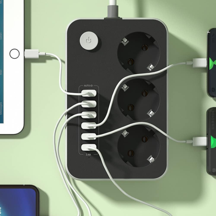 Prelungitor VarioShop, 3 prize, 6 porturi USB, protectie la supratensiune, 2m, Alb/Negru [9]