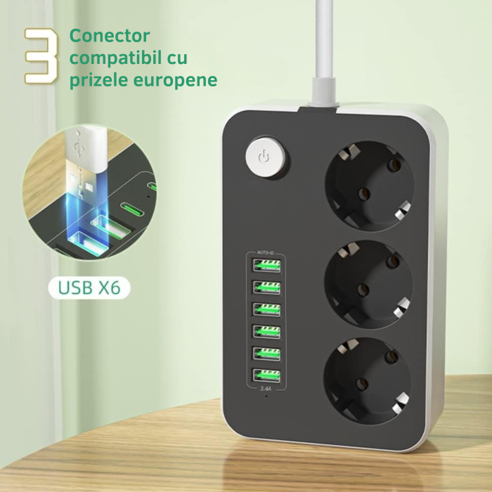 Prelungitor VarioShop, 3 prize, 6 porturi USB, protectie la supratensiune, 2m, Alb/Negru [5]