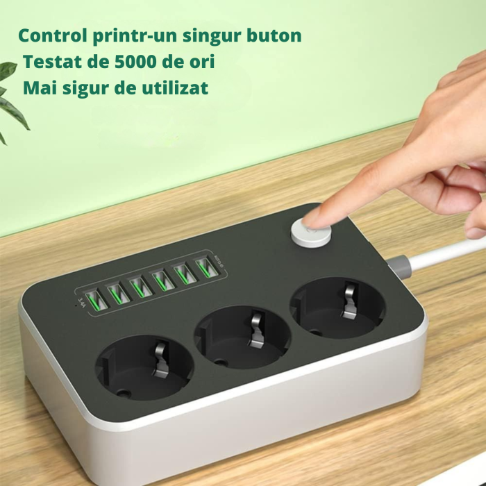 Prelungitor VarioShop, 3 prize, 6 porturi USB, protectie la supratensiune, 2m, Alb/Negru [2]