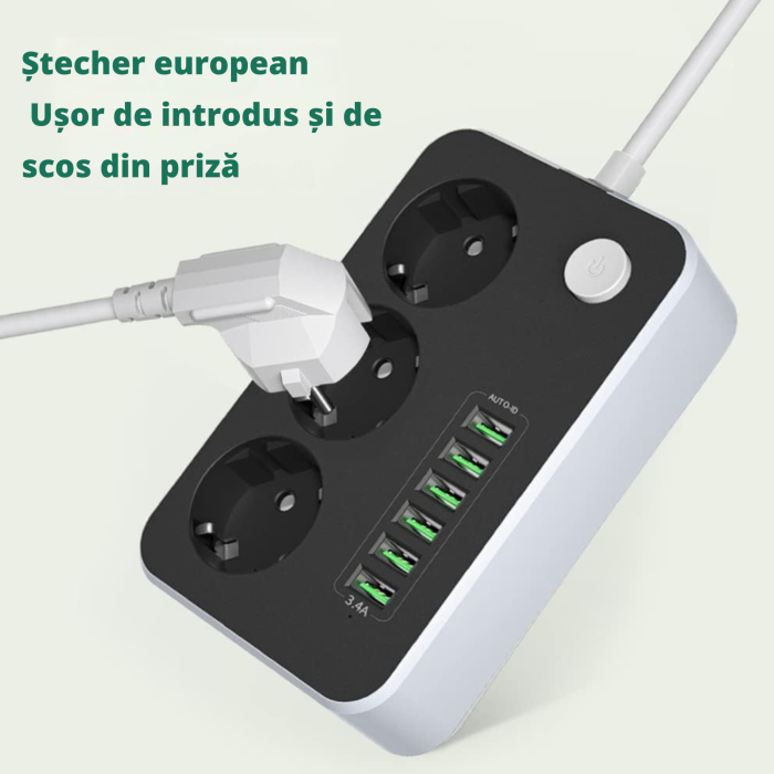 Prelungitor VarioShop, 3 prize, 6 porturi USB, protectie la supratensiune, 2m, Alb/Negru [6]