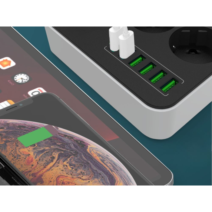 Prelungitor VarioShop, 3 prize, 6 porturi USB, protectie la supratensiune, 2m, Alb/Negru [11]