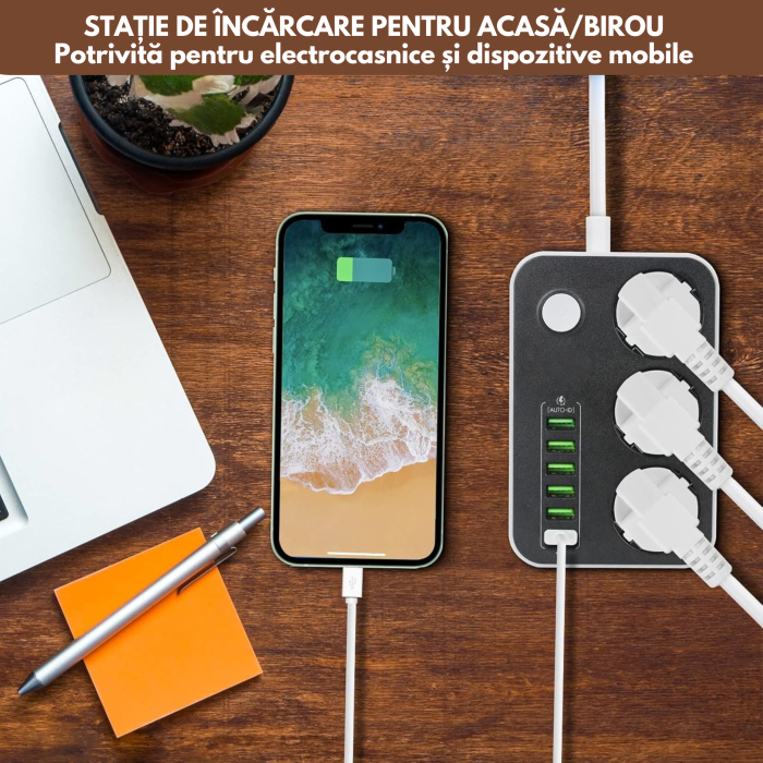 Prelungitor VarioShop, 3 prize, 6 porturi USB, protectie la supratensiune, 2m, Alb/Negru [3]