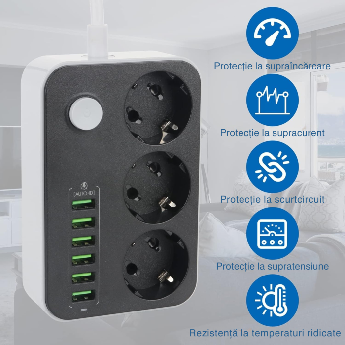 Prelungitor VarioShop, 3 prize, 6 porturi USB, protectie la supratensiune, 2m, Alb/Negru [4]