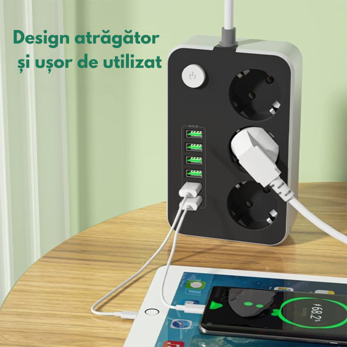 Prelungitor VarioShop, 3 prize, 6 porturi USB, protectie la supratensiune, 2m, Alb/Negru [7]