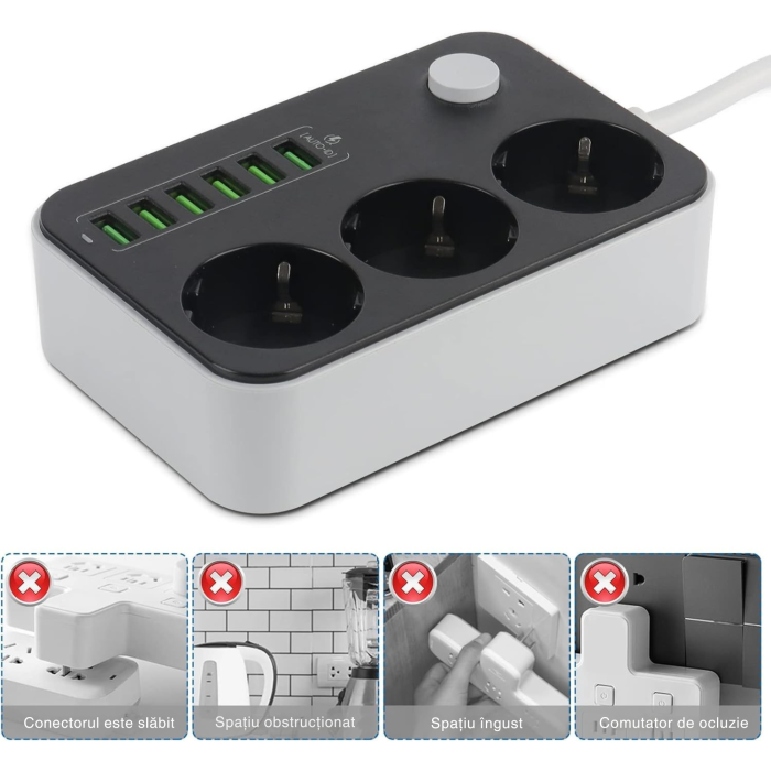 Prelungitor VarioShop, 3 prize, 6 porturi USB, protectie la supratensiune, 2m, Alb/Negru [10]