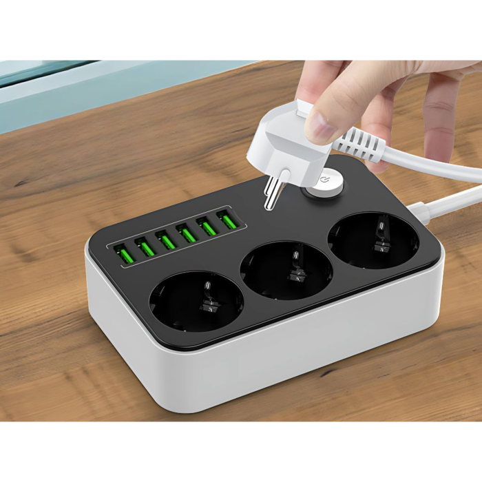 Prelungitor VarioShop, 3 prize, 6 porturi USB, protectie la supratensiune, 2m, Alb/Negru [16]