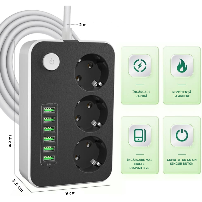 Prelungitor VarioShop, 3 prize, 6 porturi USB, protectie la supratensiune, 2m, Alb/Negru [8]