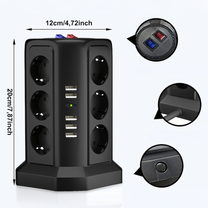 Prelungitor vertical VarioShop®, cu protectie la trasnet, 12 prize, 5 porturi USB, comutatoare separate, resetare si carcasa ignifuga [6]