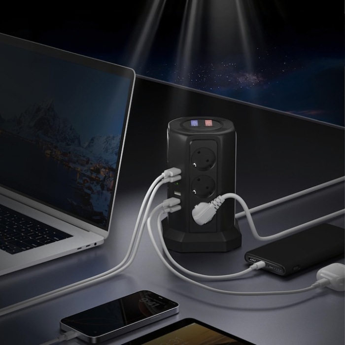 Prelungitor vertical VarioShop®, cu protectie la trasnet, 12 prize, 5 porturi USB, comutatoare separate, resetare si carcasa ignifuga [5]