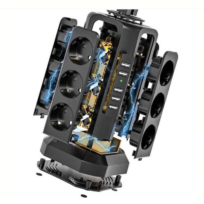 Prelungitor vertical VarioShop®, cu protectie la trasnet, 12 prize, 5 porturi USB, comutatoare separate, resetare si carcasa ignifuga [9]