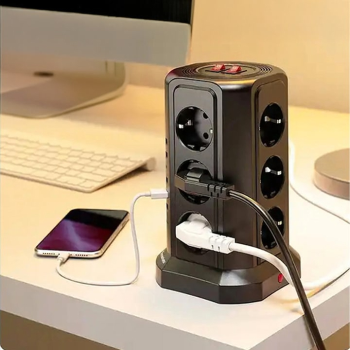 Prelungitor vertical VarioShop®, cu protectie la trasnet, 12 prize, 5 porturi USB, comutatoare separate, resetare si carcasa ignifuga [3]