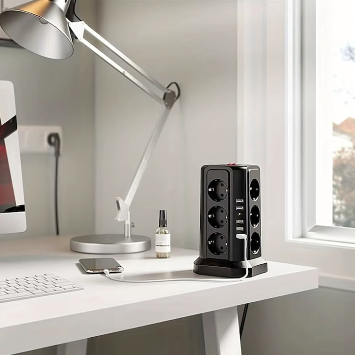 Prelungitor vertical VarioShop®, cu protectie la trasnet, 12 prize, 5 porturi USB, comutatoare separate, resetare si carcasa ignifuga [4]