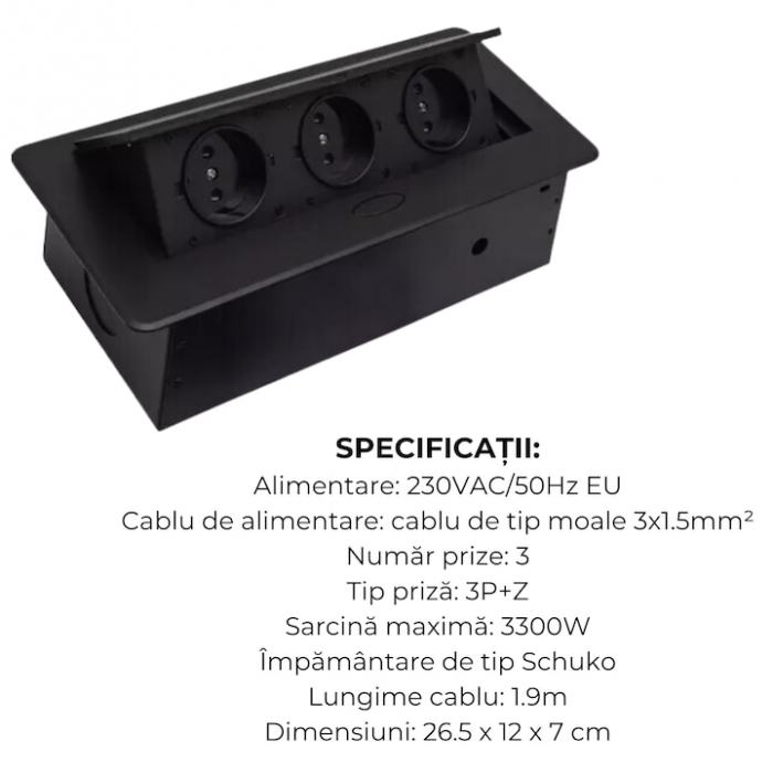 Priza Incorporabila in Mobilier VarioShop®, 3 Prize Schuko, Cablu Alimentare 1.9 m, Incastrabil, Negru [2]