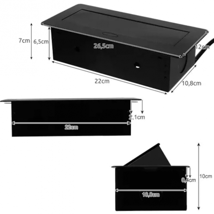 Priza Incorporabila in Mobilier VarioShop®, 3 Prize Schuko, Cablu Alimentare 1.9 m, Incastrabil, Negru [10]