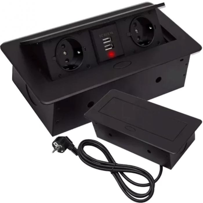 Priza Incorporabila in Mobilier VarioShop®, prelungitor 2 USB si 2 Prize Schuko, Cablu Alimentare 1.9 m, Incastrabil, Negru [1]